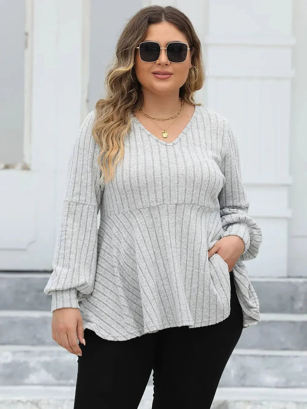 Plus Size Ribbed V - Neck Long Sleeve Blouse - VILLA FASHION